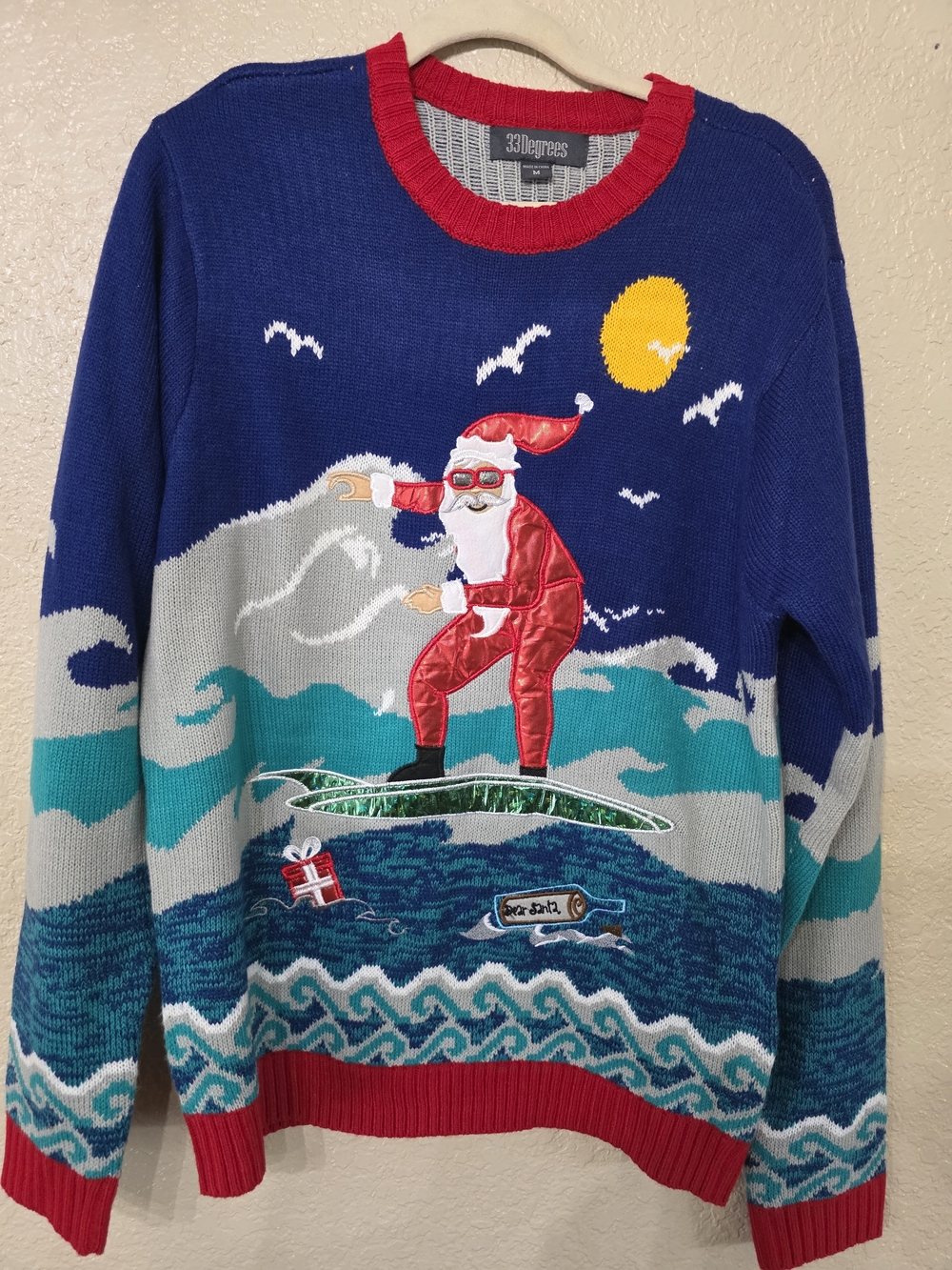 33 Degrees Men’s Blue Surfing Santa Crewneck Sweater